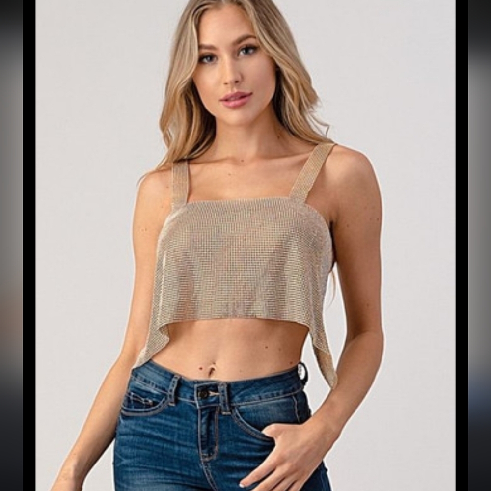 Women's Chain Mesh Rhinestone Tan Sleeveless Top S/M